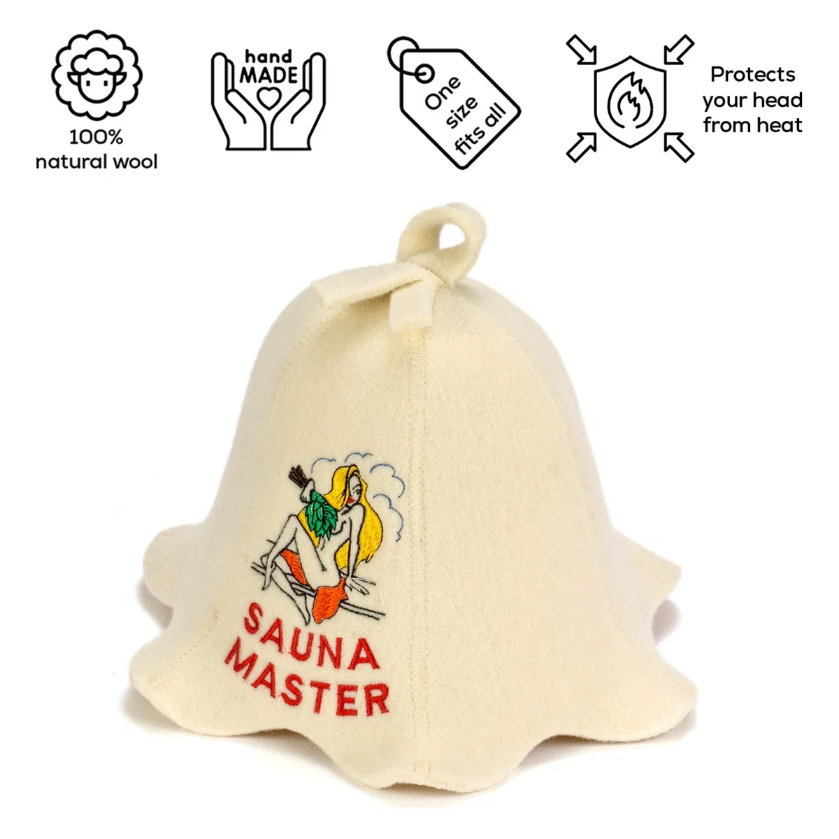 Tkaniny naturalne Sauna Hat 'Sauna Mistrz Lady' White - 100% Organic wełniane kapelusze dla rosyjskiej Bania - Protect Your Head z Heat - English Sauna eBook Przewodnik wliczony - z haftem