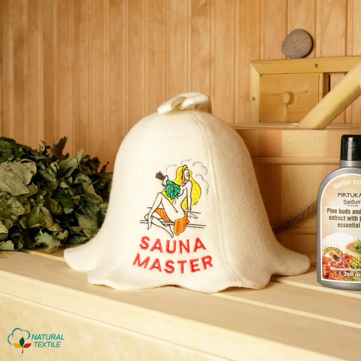 Tkaniny naturalne Sauna Hat 'Sauna Mistrz Lady' White - 100% Organic wełniane kapelusze dla rosyjskiej Bania - Protect Your Head z Heat - English Sauna eBook Przewodnik wliczony - z haftem