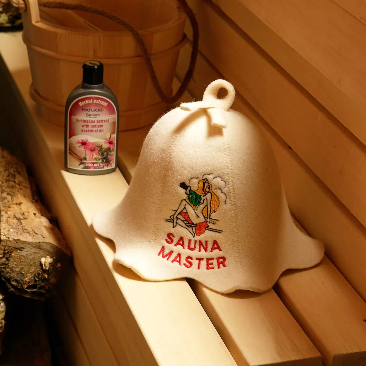 Tkaniny naturalne Sauna Hat 'Sauna Mistrz Lady' White - 100% Organic wełniane kapelusze dla rosyjskiej Bania - Protect Your Head z Heat - English Sauna eBook Przewodnik wliczony - z haftem